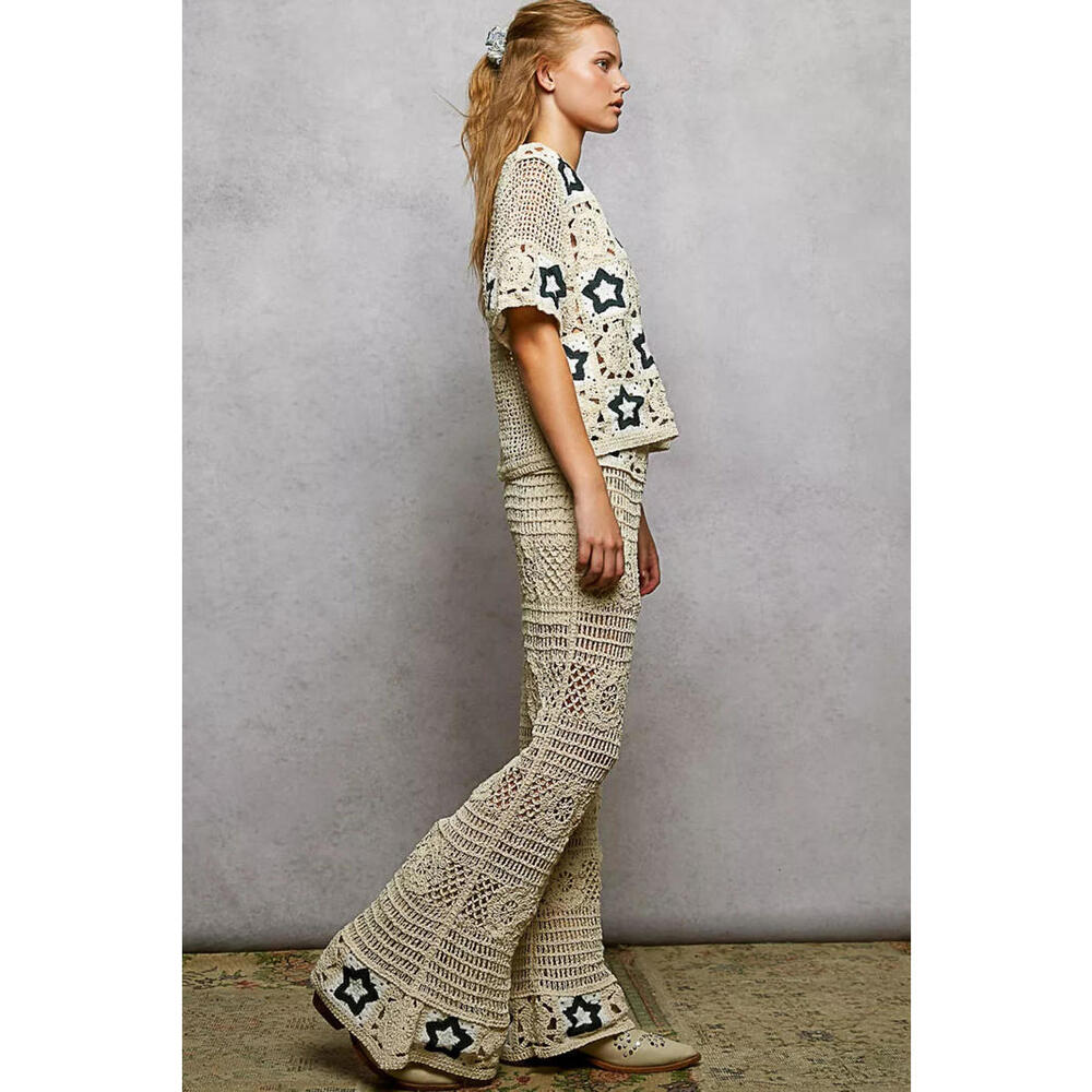 Pol Openwork Crochet Flare Pants With Contrast Star View 5